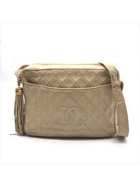 Chanel CC Logo Quilted Lambskin Fringe Shoulder Bag Beige Purse